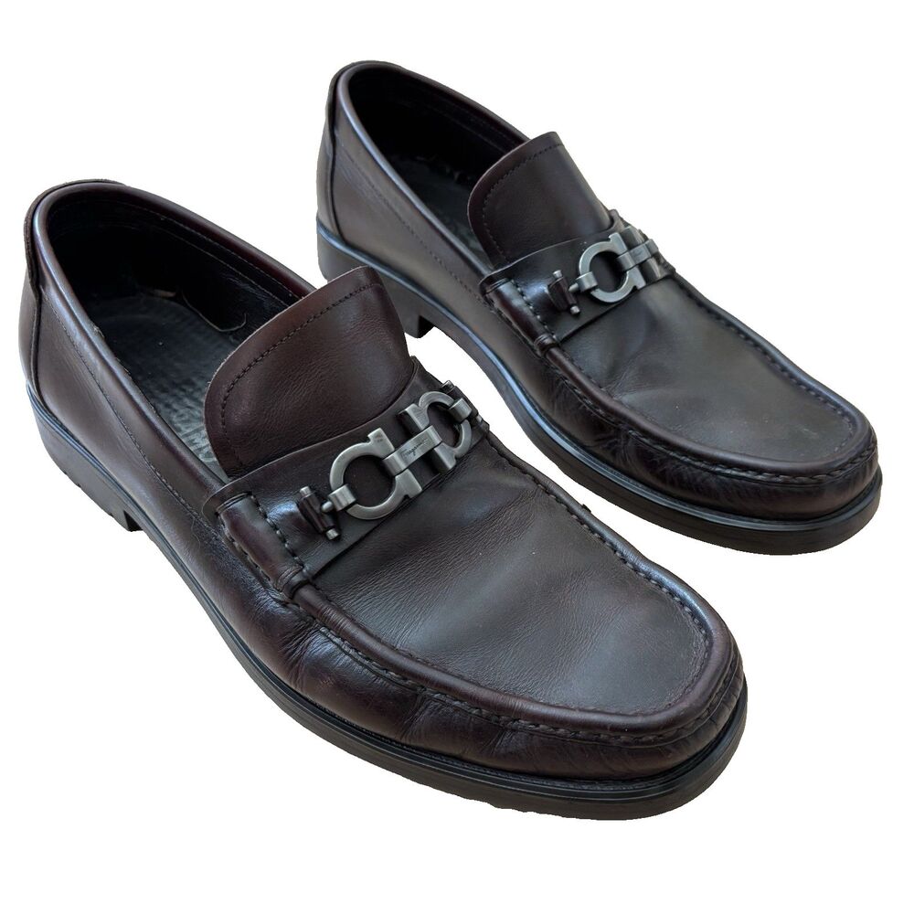 Salvatore Ferragamo Mens Gancini Loafer 9.5 EE Brown Leather Slip On Dress Shoes